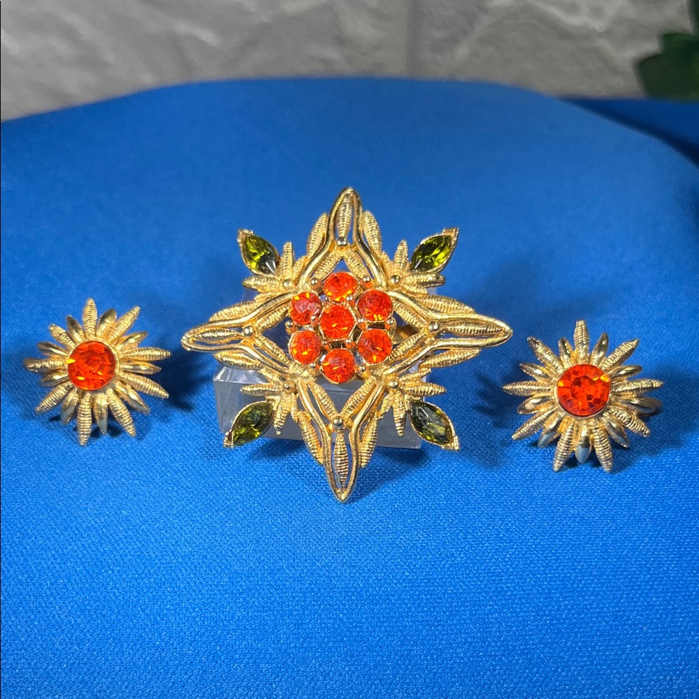 Gold and Orange Floral Brooch/earring set
